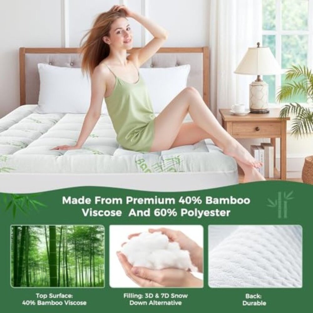 Mattress Topper Twin Size - Bamboo-Viscose Plush Pillow Top Mattress Pad Thick - Picture 6 of 6